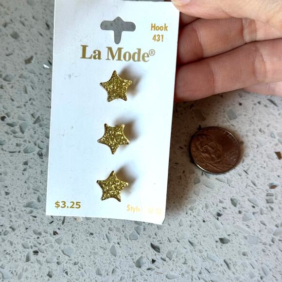 3 Vintage 1980s Glittery Gold Star Shank Buttons 1/2" Italy Made Embellishments - Picture 1 of 4